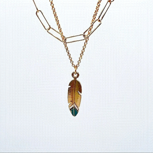 16 Gold Filled Paperclip Necklace and Loop Necklace with Gold and Green Feather.